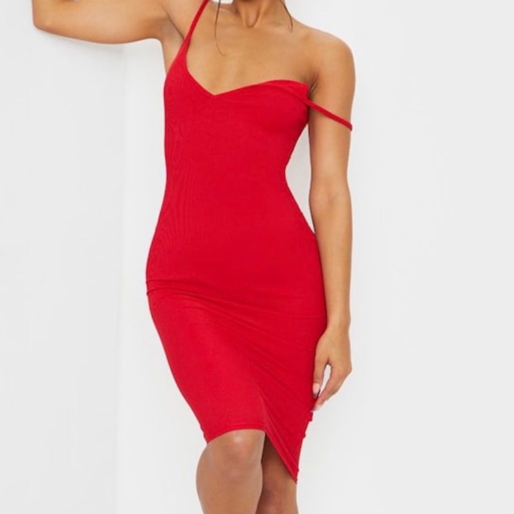 Red Ribbed Plunge Midi Bodycon Dress